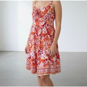 Angie Women's Boho Floral Print Red Keyhole Tie Smocked Mini Dress Rayon Small